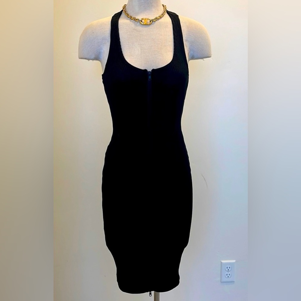 NWOT Zara Trafaluc Black Ribbed Knit ZIpper Bodycon Midi Dress Size Small LBD